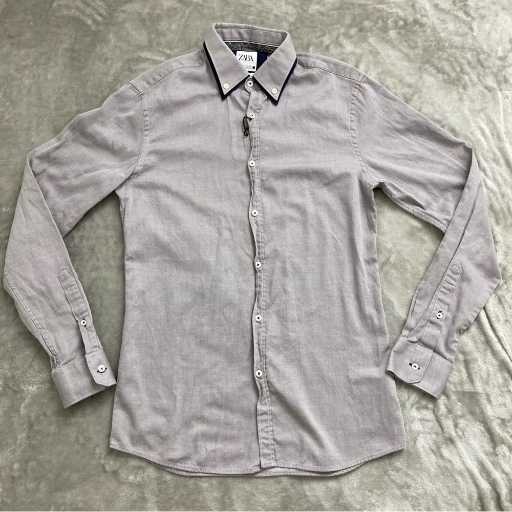 Zara Grey Slim Fit Long Sleeve Button Down Dress Shirt Size Small Classic